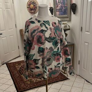 Lane Bryant Floral Crew Neck Sweater - Cream, Pink, and Green